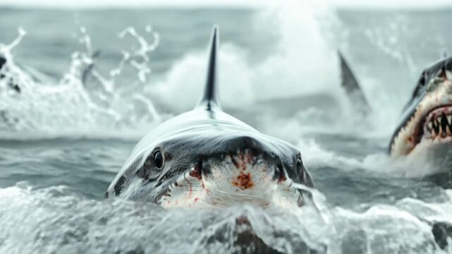 Three sharks are swimming in the ocean, one of which has its mouth open and is making a loud noise
