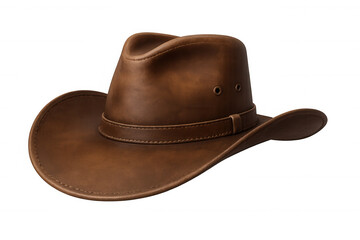 Classic brown leather cowboy hat isolated on transparent background, perfect for wild west themes and cowboy costumes