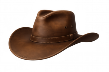 Classic brown leather cowboy hat isolated on transparent background, perfect for wild west themes and cowboy costumes
