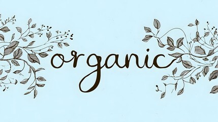 "Organic" cursive handwritten script text with decorative leaves background