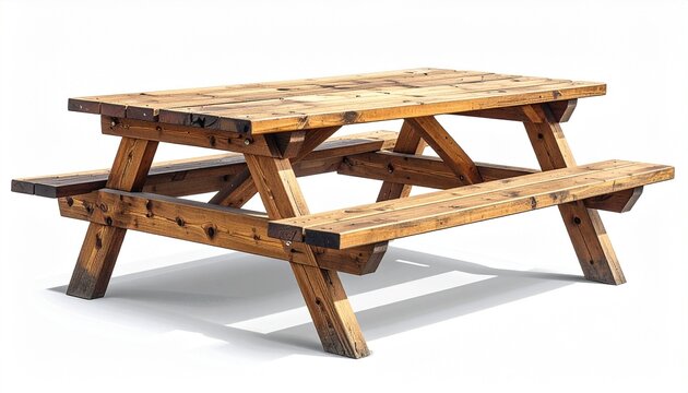 Wooden picnic table with benches—natural finish and sturdy design for outdoor dining and gatherings.
