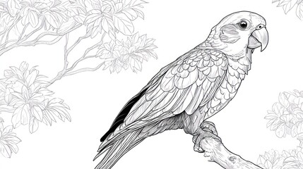 Detailed line drawing of a parrot perched on a branch, amidst delicately rendered foliage.  The bird is depicted in profile, showcasing its plumage and features with precision