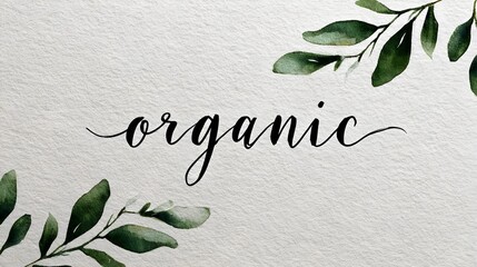 "Organic" cursive handwritten script text with decorative leaves background