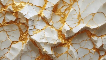 Cracked White and Gold Marble Texture with Abstract Metallic Veins