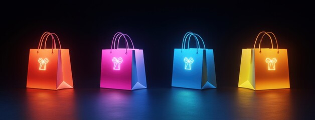 Vibrant neon shopping bags with glowing gift icons