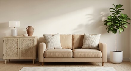 Cozy living room with a beige sofa and a plant