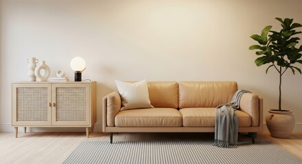 Modern living room with a tan sofa and a plant