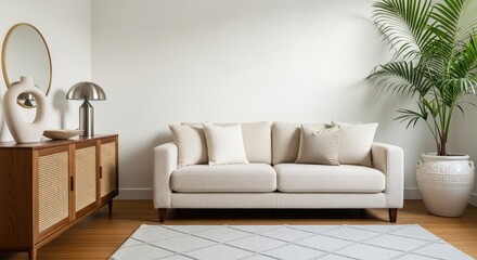 Cozy living room with sofa, sideboard, and plant