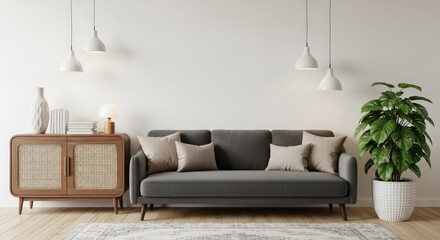 Dark grey sofa in a contemporary living room with pendant lights