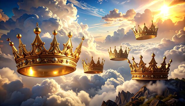Gold crowns float amidst fluffy clouds, some atop a mountain ridge, under a bright sun