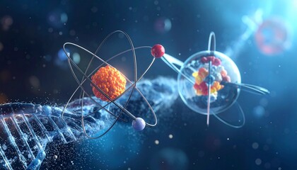 Surreal atomic models orbiting planetary nuclei above Earth—merging quantum structure with cosmic scale.