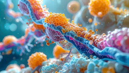 Stylized phospholipid bilayer with hydrophilic heads and hydrophobic tails—visualizing cellular membrane architecture.
