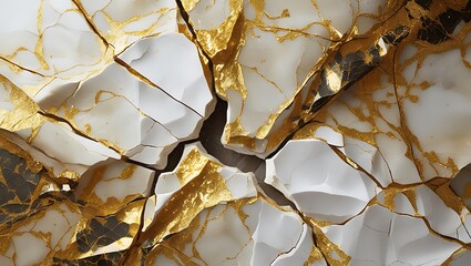 Cracked White and Gold Marble Texture with Abstract Metallic Veins