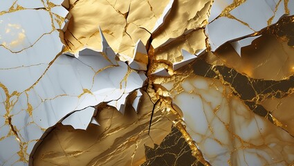 Cracked White and Gold Marble Texture with Abstract Metallic Veins