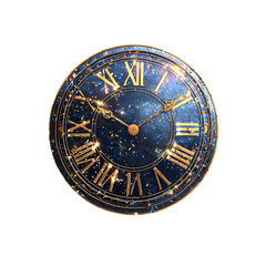 A celebratory clock with golden roman numerals glitter and cosmic blue background counting down to new beginnings