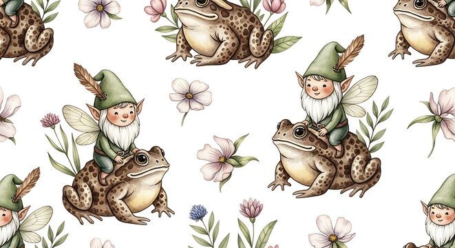 Whimsical Watercolor Gnome Riding a Toad Seamless Pattern.