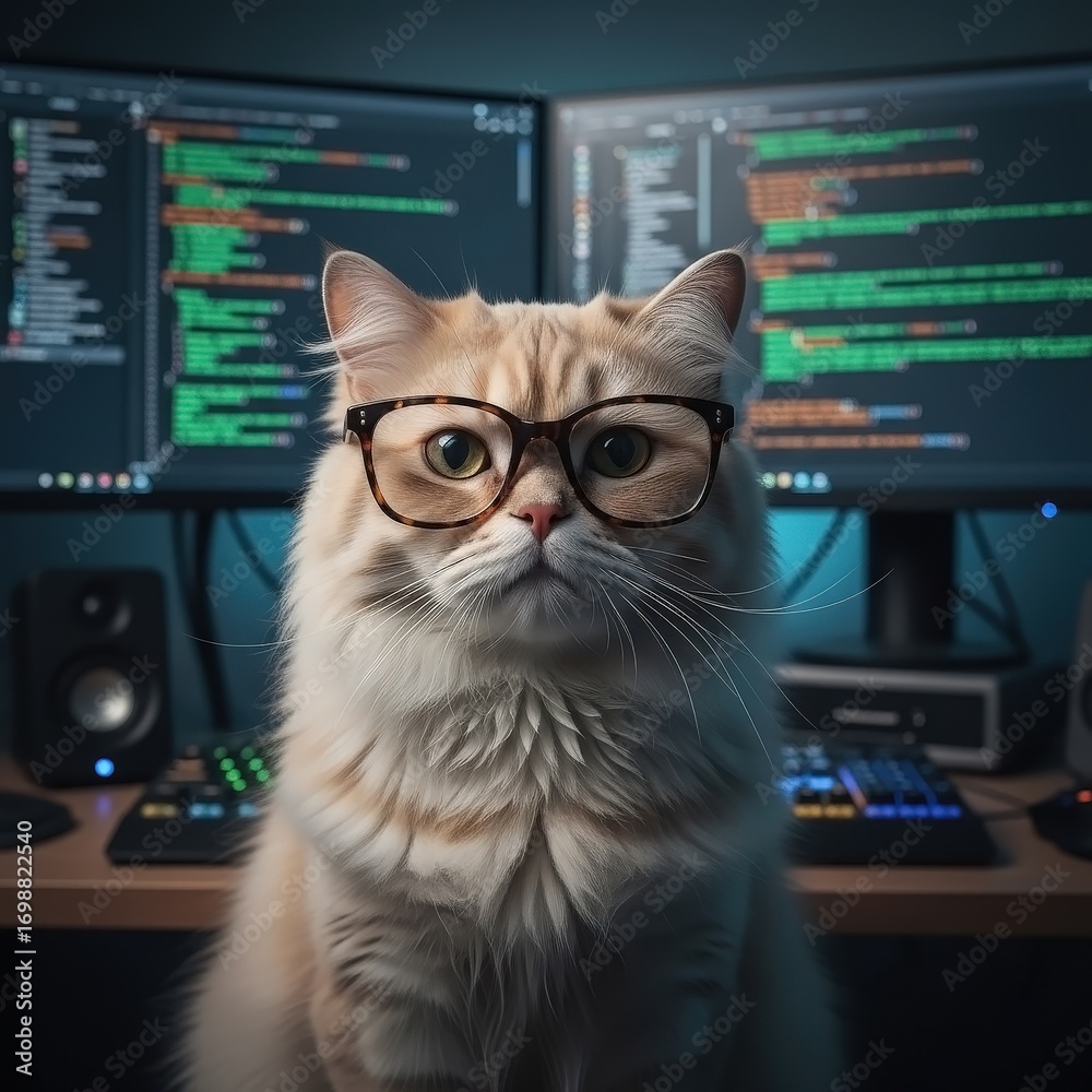 Wall mural the cat coder a fluffy programmer working on code