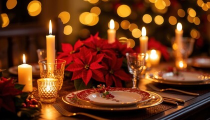 Elegant Christmas Eve Nochebuena dinner table with candles, poinsettias, festive tableware, and traditional dishes in warm golden light. Perfect for holiday branding and cultural event visuals.