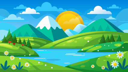 Fototapeta premium Flat design vector illustration of green grassy hills with a lake and sun, in a simple, cartoon-like style. The design features simple shapes, lines, and color blocks, with minimal details. The scene 