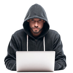 Hooded figure intensely focused on a laptop radiating mystery and intrigue against a transparent background Digital world ' s shadow