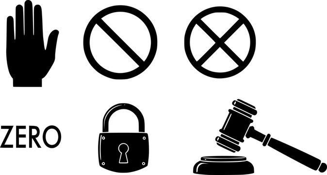 Zero tolerance 3d icon set. featuring compliance, strictness, no, ban, rule, and prohibition symbols vector silhouette illustration isolated on white background 