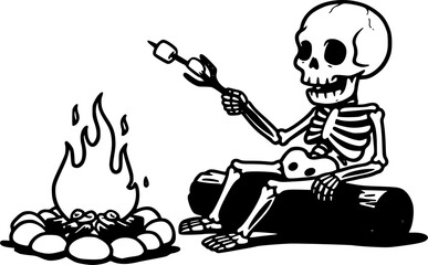 Campfire Skeleton: A whimsical skeletal figure enjoys a moment of relaxation around a cozy campfire, roasting a marshmallow in a monochrome illustration