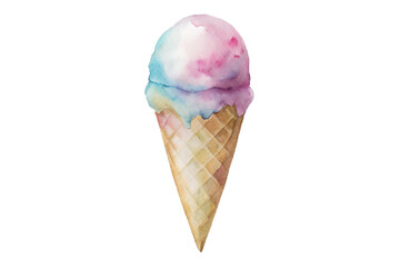 Watercolor painting of a colorful ice cream cone isolated on transparent background, featuring a swirl of pastel hues and a crispy waffle cone texture