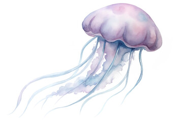 Watercolor painting of a jellyfish isolated on transparent background, showcasing its delicate tentacles and translucent bell in soft shades of purple and blue