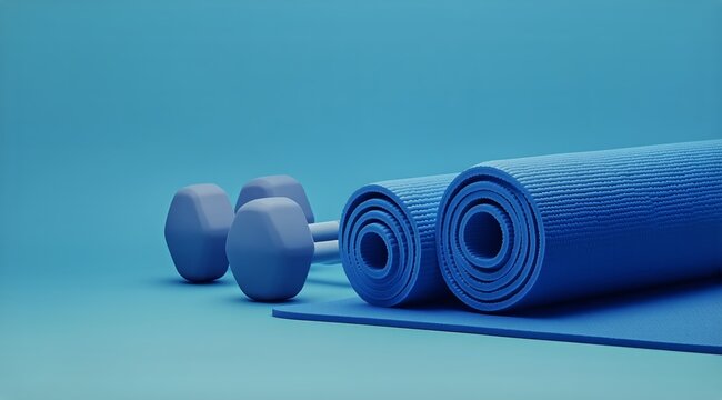 Blue Exercise Equipment Showcases Dumbbells and Yoga Mats for a Workout Session