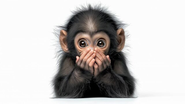 A baby chimpanzee with wide eyes, covering its mouth with its hands, giving an expression of surprise or shock