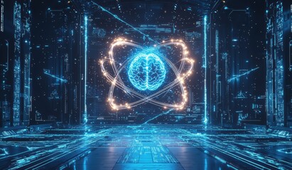 Futuristic digital brain with glowing circuits and neural network