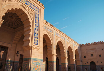 Islamic Architecture with Arches and Mosaic Tilework  
Traditional Design Featuring Geometric Patterns and Carvings  
Cultural Building with Lantern, Shoji Doors, and Crenellated Roof  
