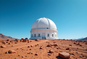 Obraz premium White Observatory Dome in Desert Landscape Modern Scientific Architecture with Ramp and Windows Remote Astronomy Facility Under Clear Blue Sky 