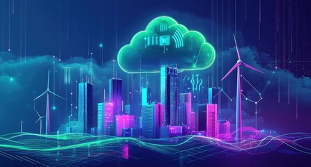 Futuristic cityscape with digital cloud and wind turbines