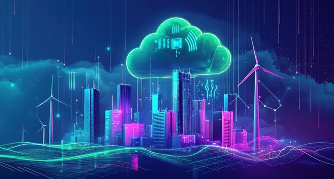 Futuristic cityscape with digital cloud and wind turbines