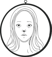 Haunted mirror with ghostly face inside reflection, arranged in circular design, bold black outlines, clear line art