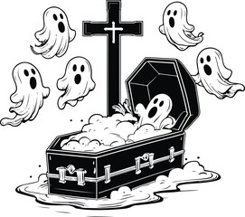 Open coffin with cross, ghosts floating around, circular layout, bold thick outline, clean line art 1