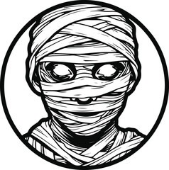 Mummy face with bandages and glowing eyes, inside perfect circle, bold black outlines, clean horror line art