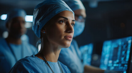 One doctor wearing blue scrubs looking up in front of digital screens displaying medical data in a futuristic operatic room