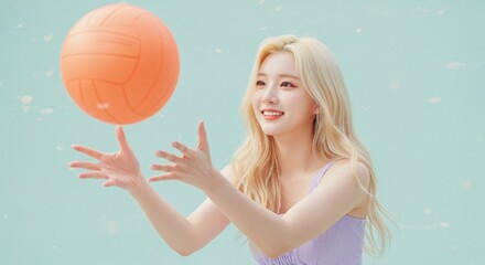 Young woman smiling while playing with orange ball by the water