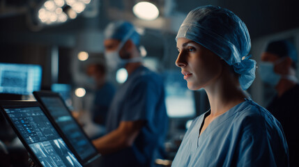One doctor wearing blue scrubs and looking at digital screens displaying medical data