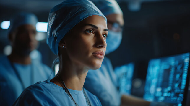 One doctor wearing blue scrubs looking up in front of digital screens displaying medical data in a futuristic operatic room