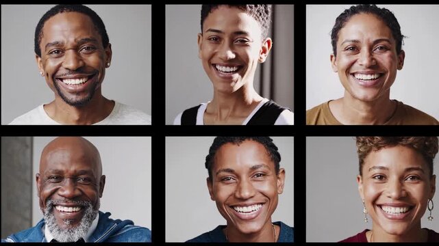 A video grid of six diverse, smiling individuals in close-up shots. Each portrait captures joy and warmth, with a straight-on camera angle.