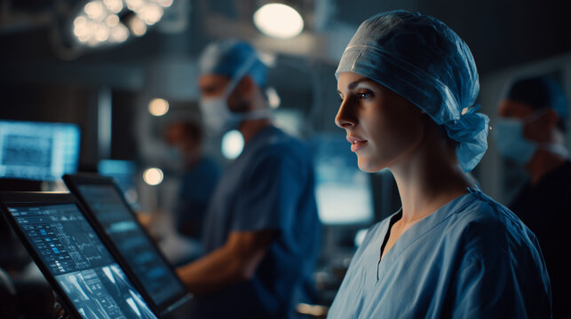 One doctor wearing blue scrubs and looking at digital screens displaying medical data
