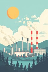 Fototapeta premium Industrial plant amidst nature with smoke and blue sky background