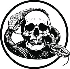 Snake coiled around human skull, inside circular frame, bold black outline, clear horror line art