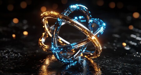 Futuristic glowing atom design with blue and gold highlights