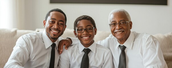 Three generations of smiling family members sitting on a couch