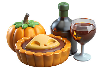 Festive halloween arrangement featuring pumpkin pie pumpkin wine bottle and decorated wine glass on transparent background