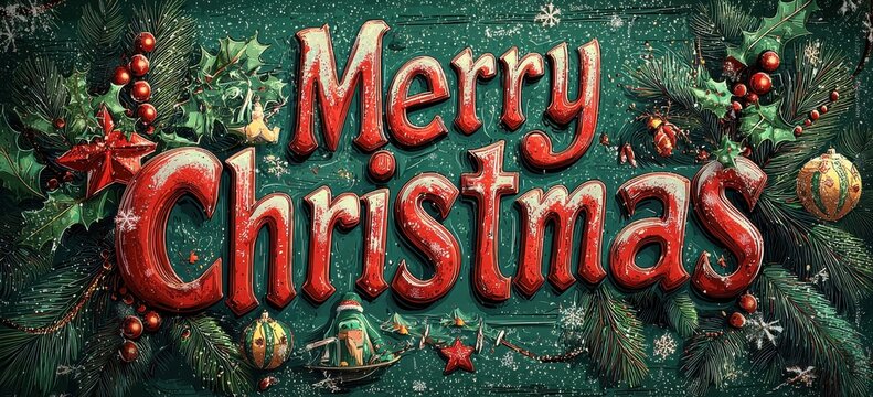 Festive Merry Christmas greeting with red text and holiday decorations